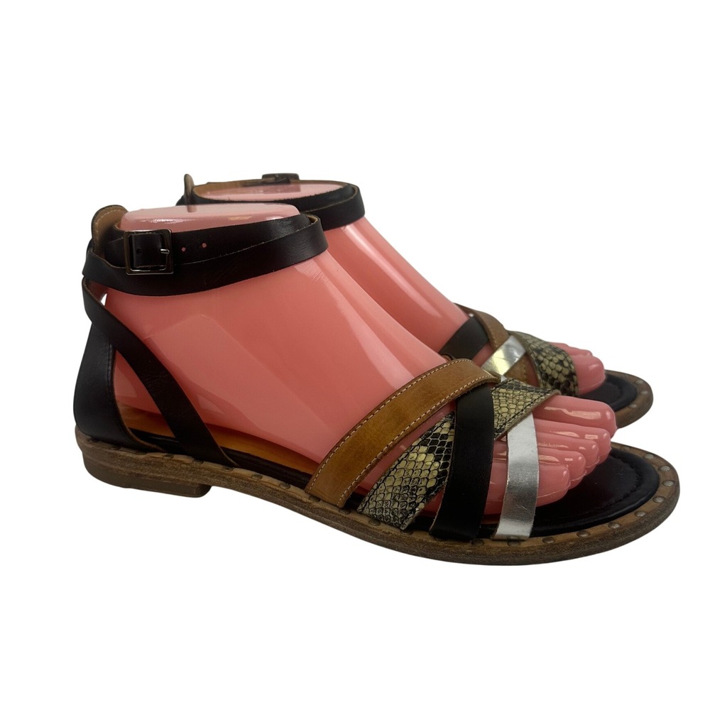 La Bottega di Lisa Sandal Wrap Ankle Strap Leather Snake Print Italy EUR 37 US 7